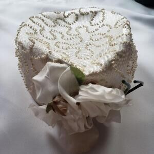 Vintage Ivory Floral Fascinator Hat With Beaded Design & Fabric Flowers